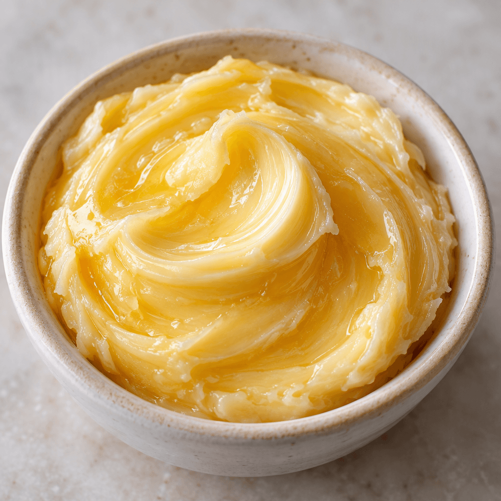 A soft, creamy mixture of butter and honey, pale golden-yellow with a smooth, glossy surface and subtle swirls, served in a small dish.