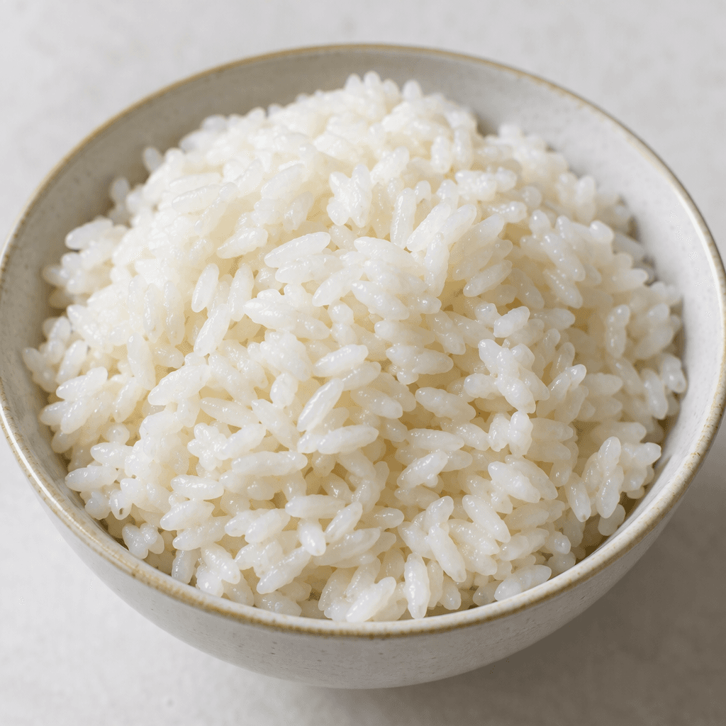 Plump, short-to-medium oval grains of cooked Baldo rice are pearly white, slightly glossy, and mostly separate, arranged in a loose mound in a bowl or on a plate.