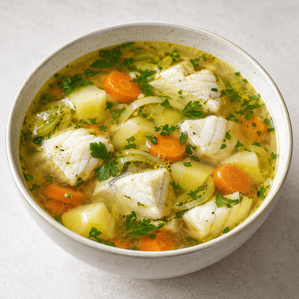 A bowl of clear golden fish broth with visible chunks of white fish, small pieces of carrot and potato, green herbs, and a few thin slices of vegetables, served hot with a lightly shimmering surface.