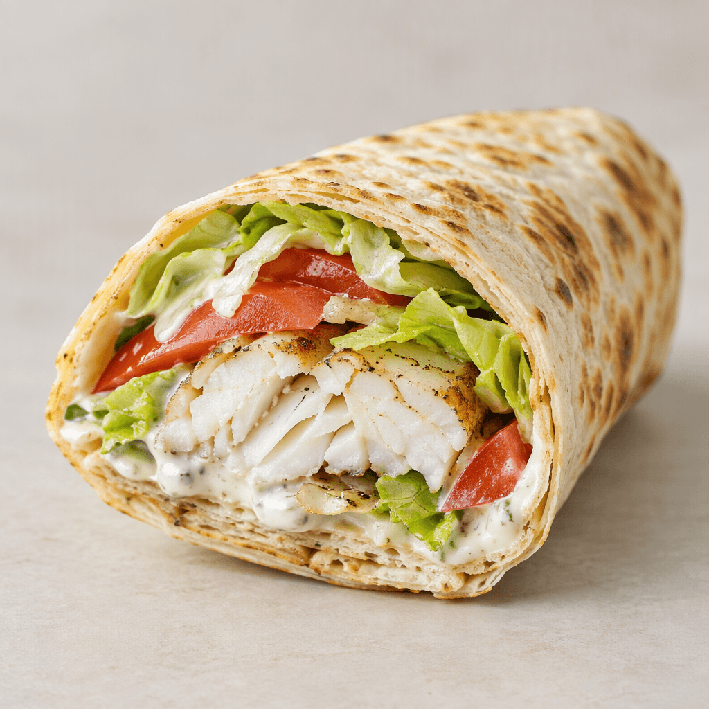 A soft, lightly toasted flatbread is rolled around flaky white fish, with pale green lettuce, red tomato and creamy white sauce visible at the open end, and is cut diagonally to show the filling.