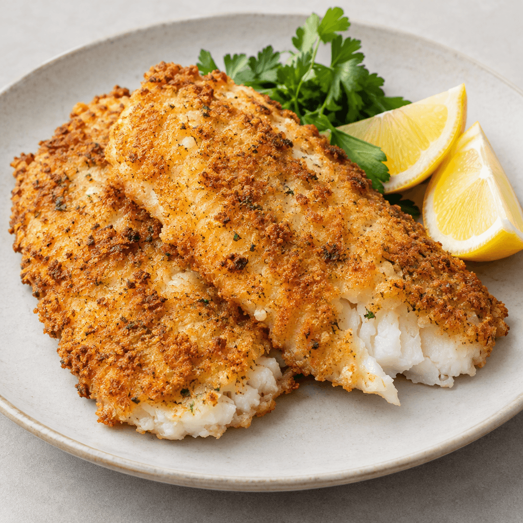 Golden-brown fish fillets with crisp, uneven breaded surfaces, flaky white flesh visible at the edges, arranged on a plate with lemon wedges and a small pile of fresh green herbs.