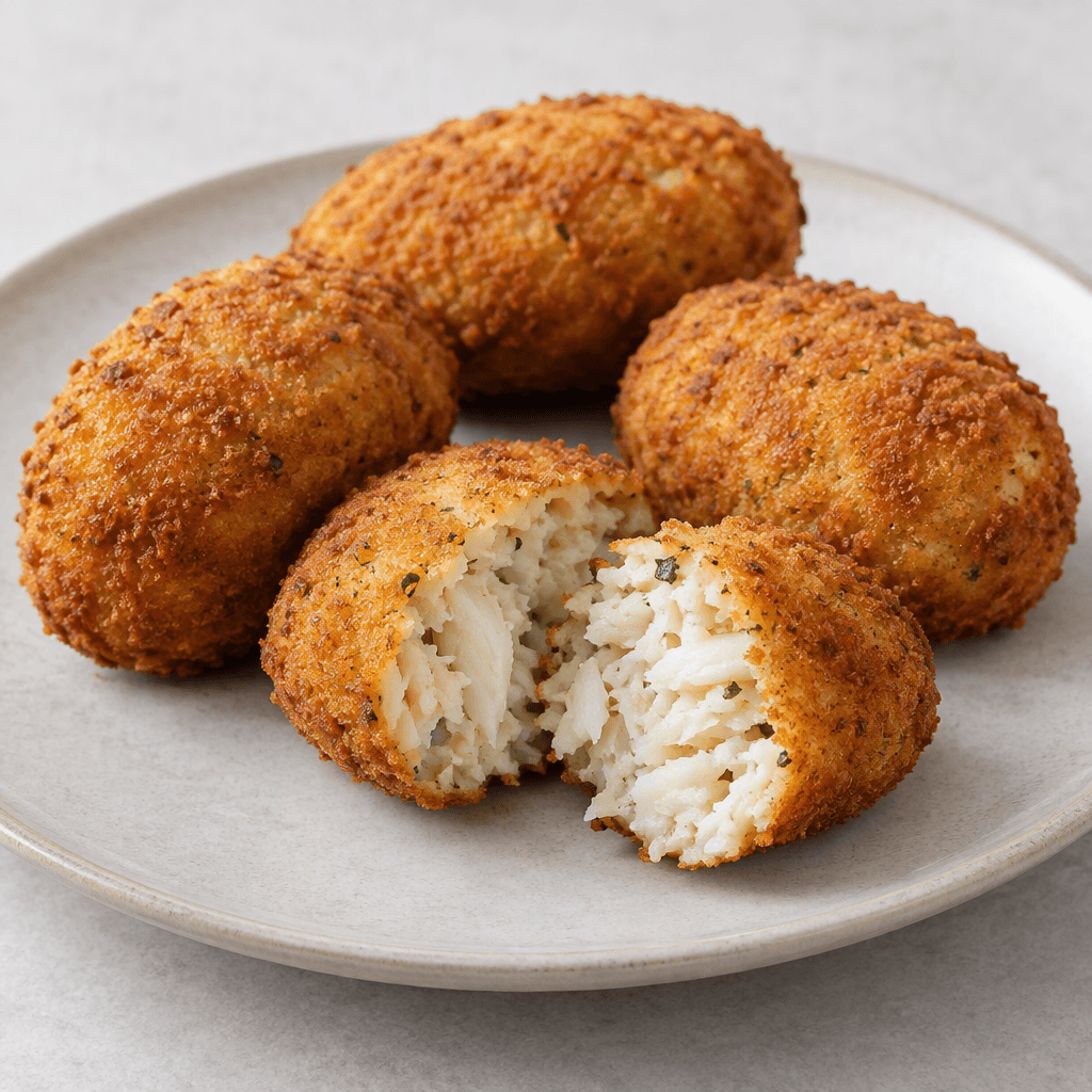 Oval ve hafif silindirik biçimli, dışı altın kahverengi kırıntılı kaplamayla örtülü balık kroketleri, bir tanesi kesildiğinde görünen açık renkli lifli balık içiyle birlikte tabakta servis edilir.