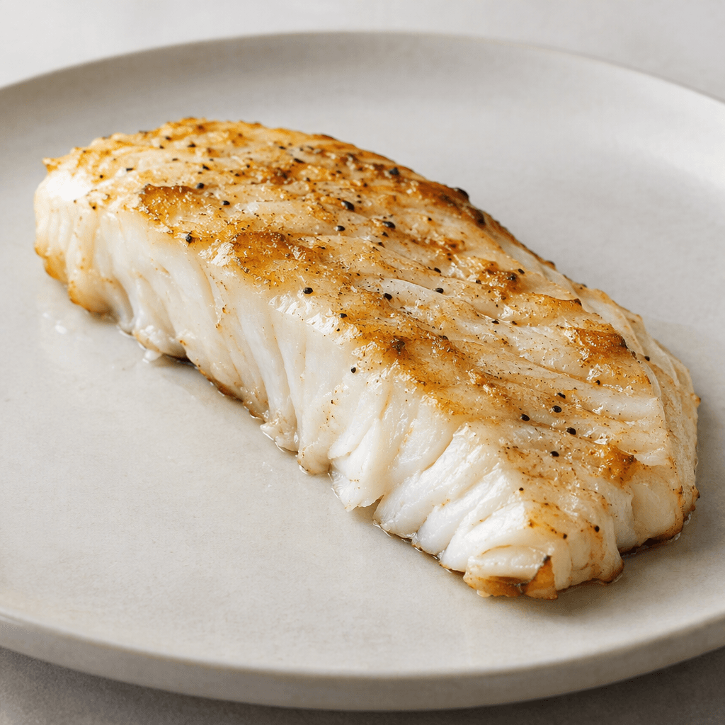 A cooked fish fillet with opaque white to pale pink flesh, delicate flaky layers, lightly browned edges, and a moist surface, served whole on a plate with the skin either attached or removed.