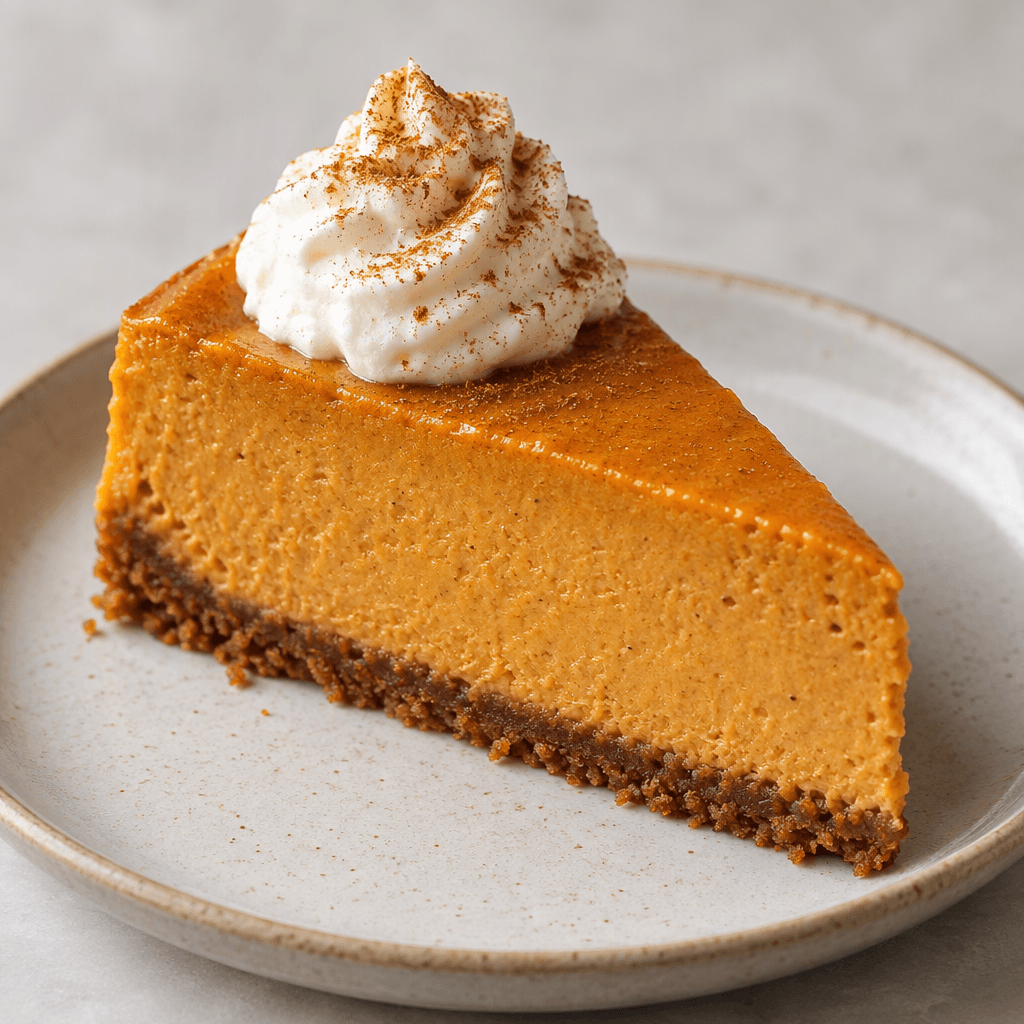 A slice of pumpkin cheesecake with a smooth, deep-orange filling on a thin brown crumb crust, served on a plate.