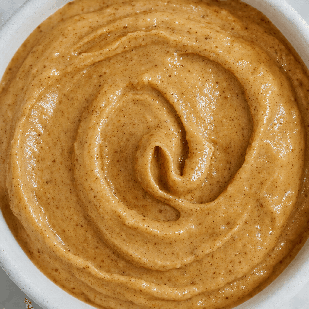 A thick, smooth golden-tan almond spread with a slight sheen and a few fine almond flecks, gathered in a soft swirl.
