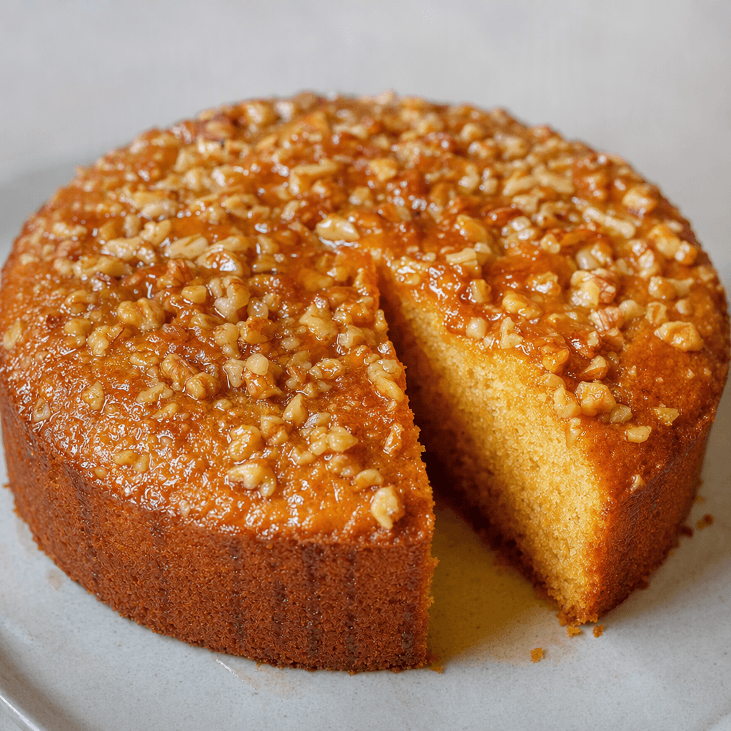 A golden-brown cake with a soft, close-textured crumb, topped with chopped walnuts and a shiny amber honey glaze, with a cut slice showing the interior.