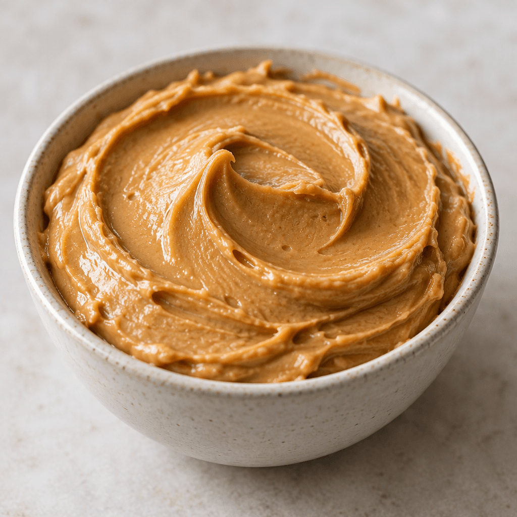 Thick, creamy beige-brown peanut spread sits in a small bowl, with a smooth surface, soft swirls, and a faint sheen.