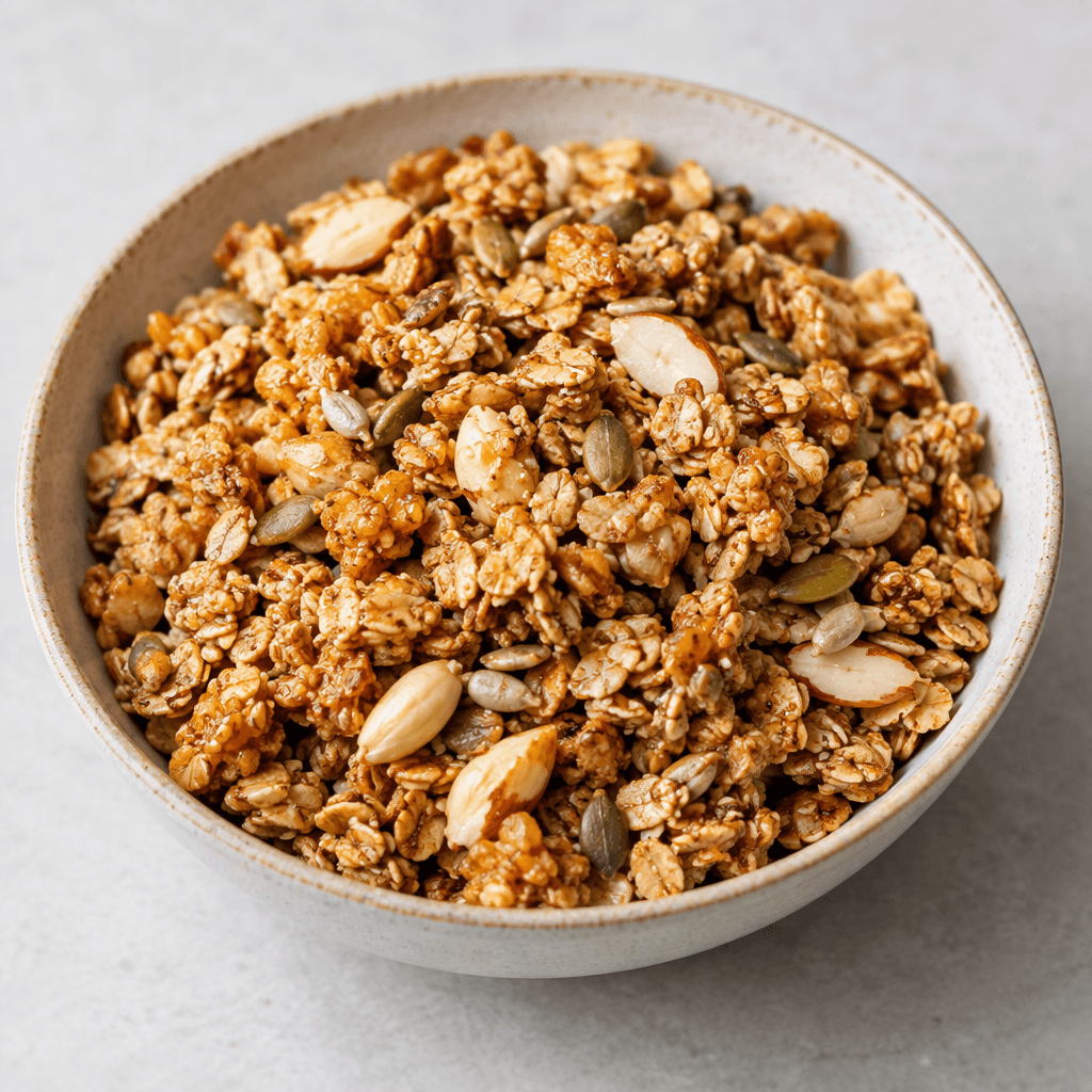 Loose clusters of toasted rolled oats with a golden-brown honey sheen, uneven crisp-looking pieces, and scattered pale nuts and seeds, served in a shallow bowl.