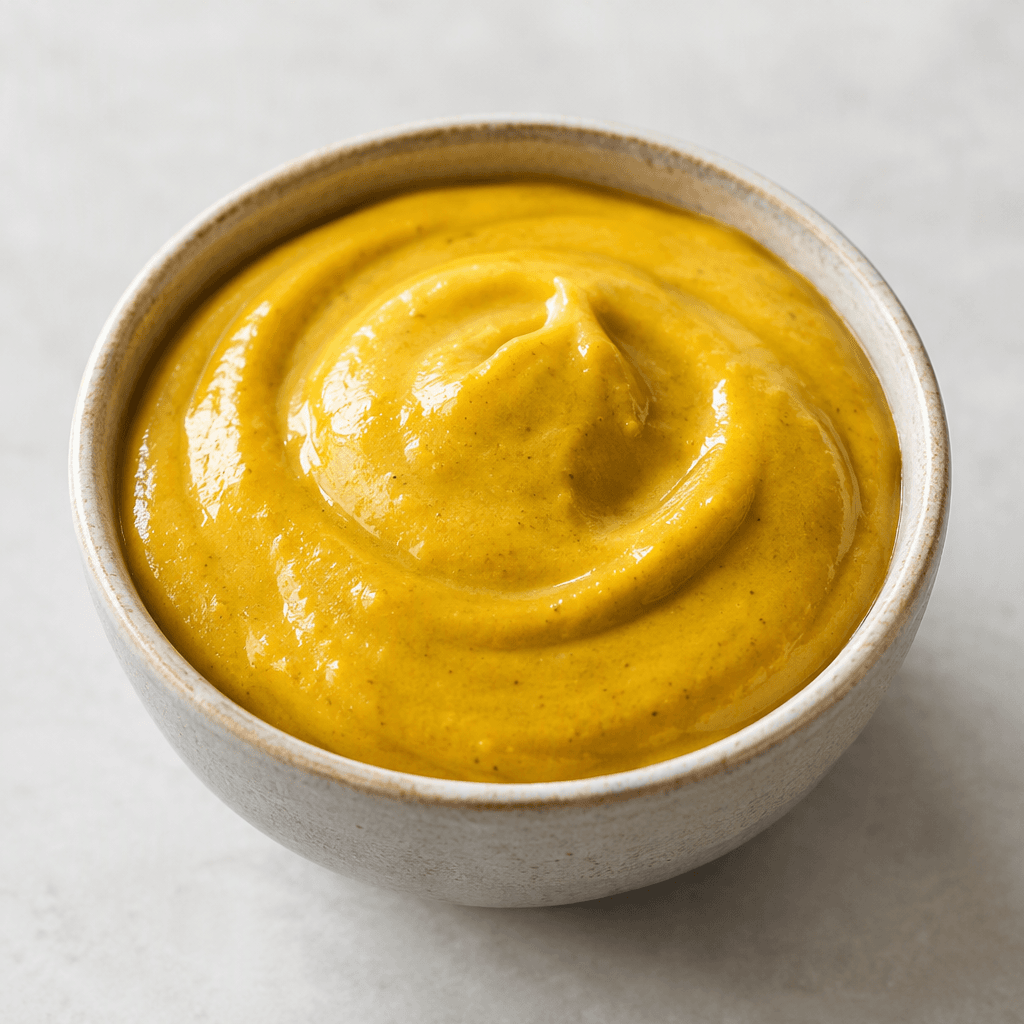 A thick, smooth, glossy golden-yellow sauce with a slightly deeper mustard-yellow hue, served in a small bowl.