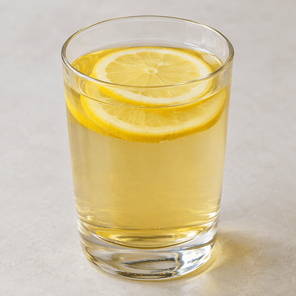 A clear glass of pale golden, translucent water with thin lemon slices floating near the surface and a faint golden tint from dissolved honey.