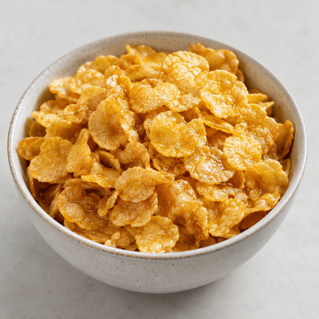 Golden-yellow, thin, crisp corn flakes with slightly curled, irregular edges and a light glossy honey coating, served in a bowl.