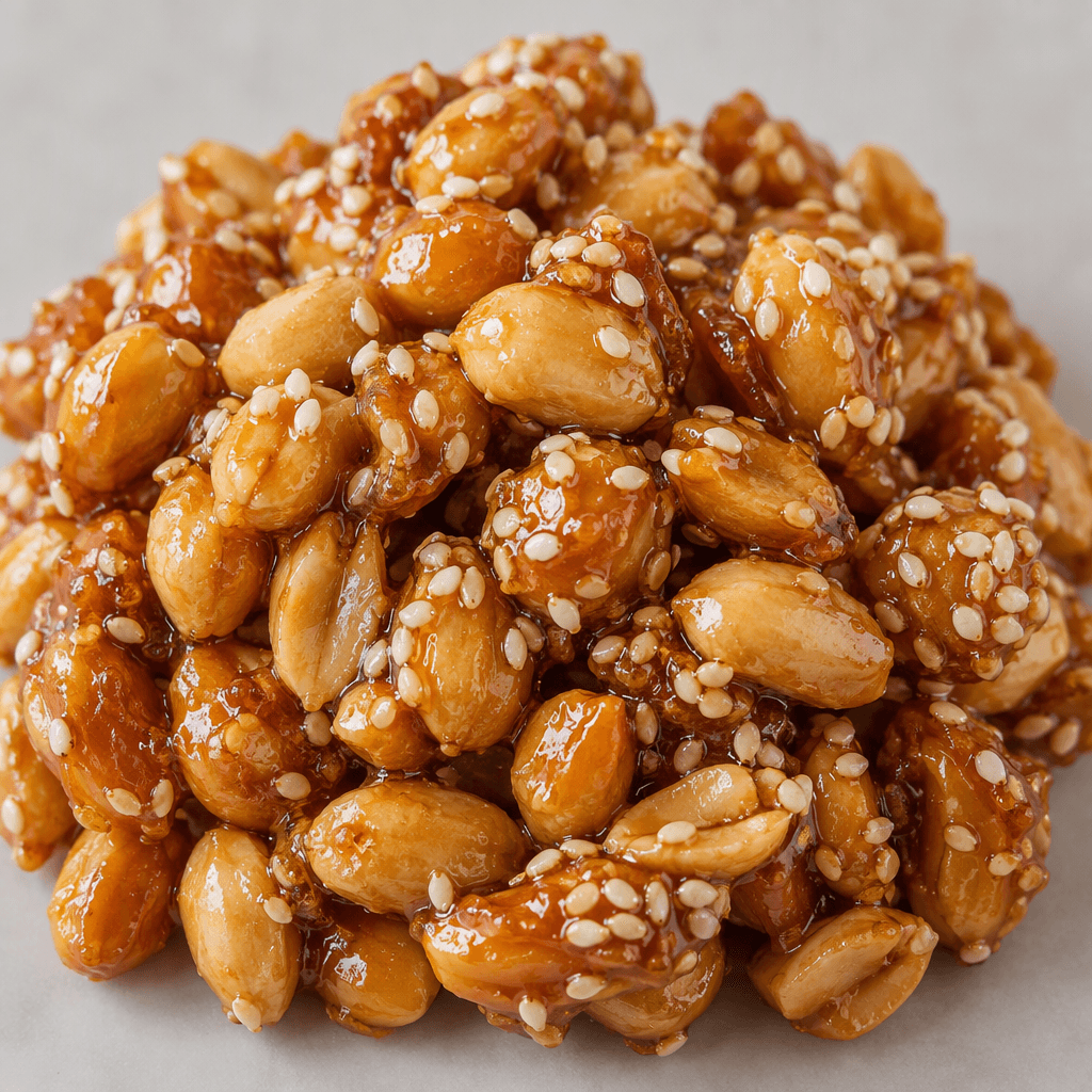 Whole peanuts are coated in a glossy golden-amber glaze and dotted with small ivory sesame seeds, some gathered into irregular clusters.