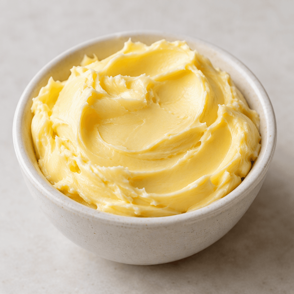 A smooth, softly whipped pale-golden butter spread with a faint glossy sheen, mounded in a small dish with gentle swirls on its surface.