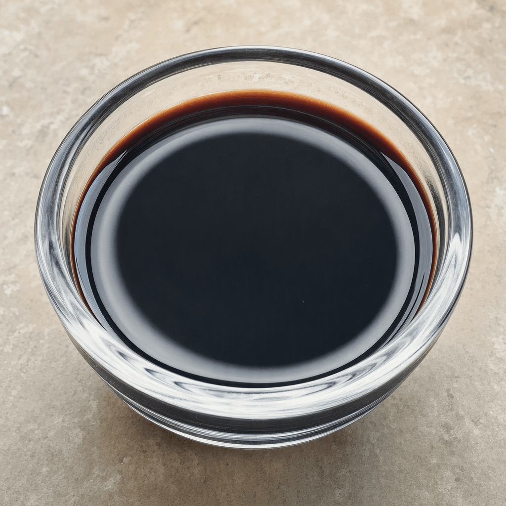 A dark, glossy reddish-brown liquid with a smooth, pourable consistency pools in a small clear glass dish.