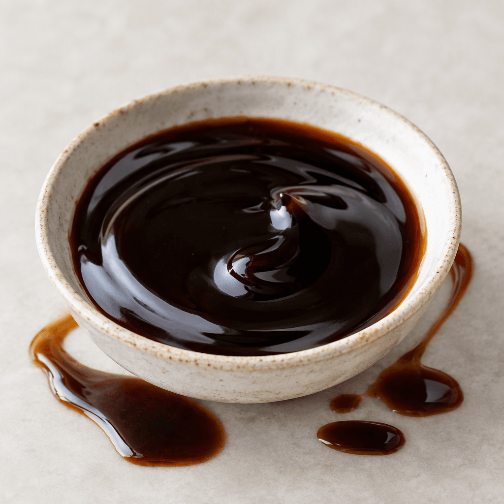 A dark brown, glossy, thick balsamic sauce with a smooth, syrupy texture, served in a small shallow bowl with a few slow drizzles pooling around it.