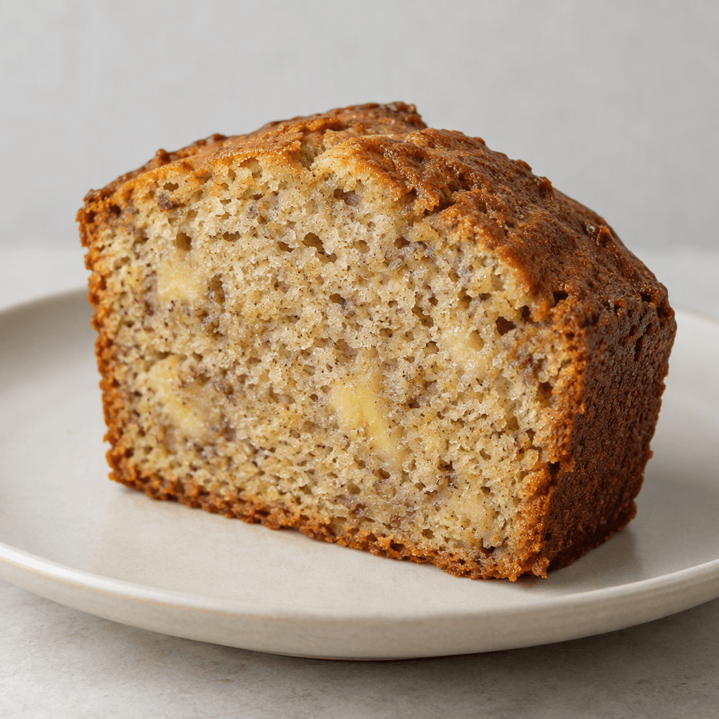 A golden-brown, moist-looking cake with a soft, fine crumb and small banana pieces visible inside, served in a thick slice on a plate.
