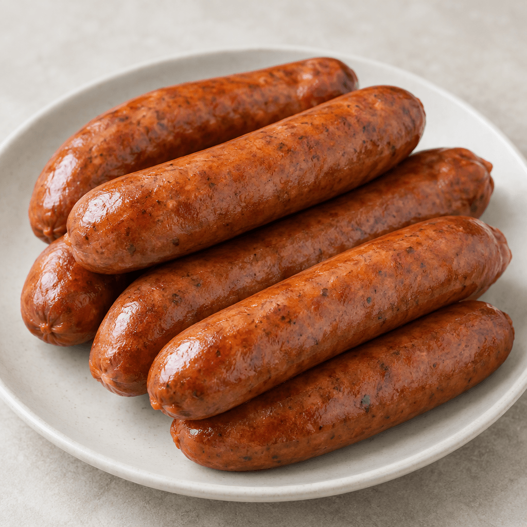 Several thick, elongated chicken sausages with smooth, slightly glossy reddish-brown casings are arranged on a plate.