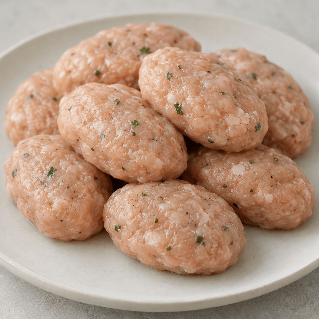 Açık pembe-bej renkli, kıyma dokulu ve üzerinde küçük baharat parçacıkları görülen, yassı oval tavuk köfteleri bir arada dizilmiş.