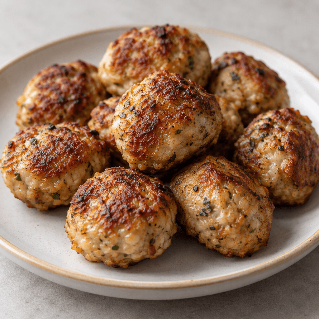 Several small, irregularly oval chicken meatballs with a deep golden-brown, lightly crisp-looking surface are arranged on a plate.