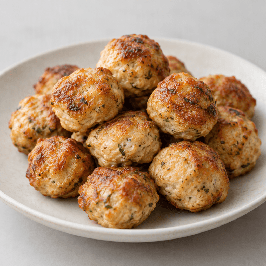 Small, round-to-oval chicken meatballs with slightly uneven surfaces and a golden-brown exterior are arranged on a plate.