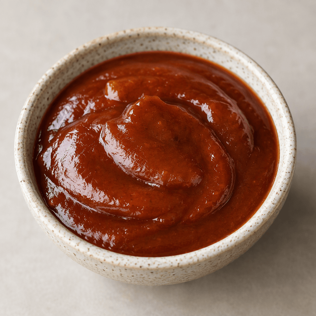 A glossy, thick reddish-brown sauce with a smooth texture, served in a small bowl with a few rounded spoonfuls visible on the surface.