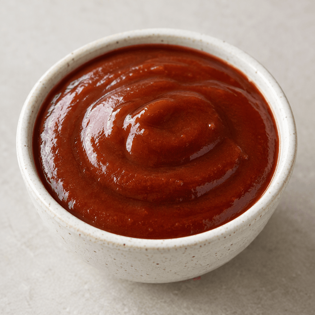 A thick, smooth, glossy reddish-brown sauce pools in a small serving bowl.