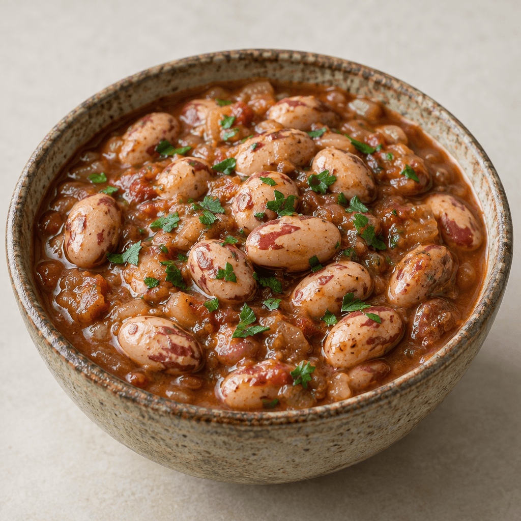A rustic bowl holds plump cream-coloured borlotti beans mottled with pink-red streaks in a thick reddish-brown stew, with a few glossy beans and chopped green herbs visible on the surface.