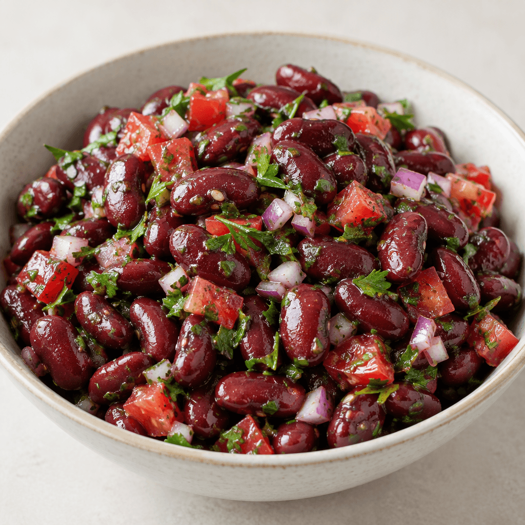 Glossy deep red kidney beans are mixed with finely chopped red onion, green parsley and small red tomato pieces in a shallow serving bowl, with the ingredients visibly coated in a light dressing.