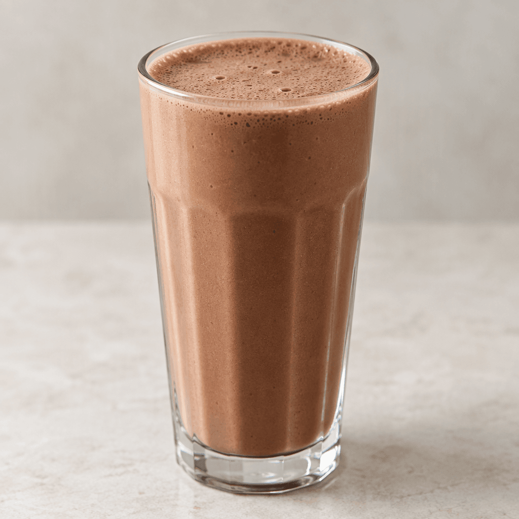 A smooth, opaque chocolate-brown milkshake fills a clear glass, with a lightly foamy surface.