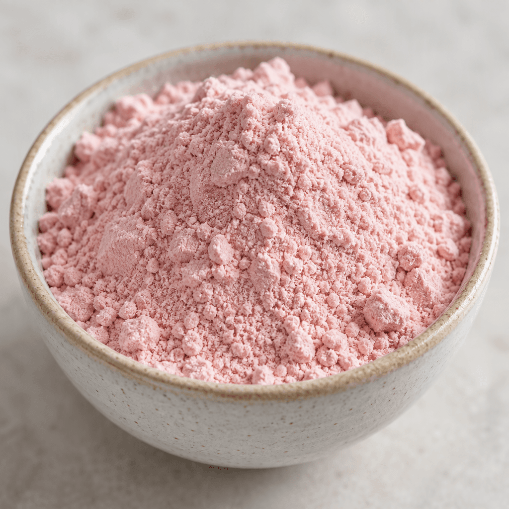 A mound of fine, light pink powder with a soft, slightly clumpy texture sits in a small bowl.