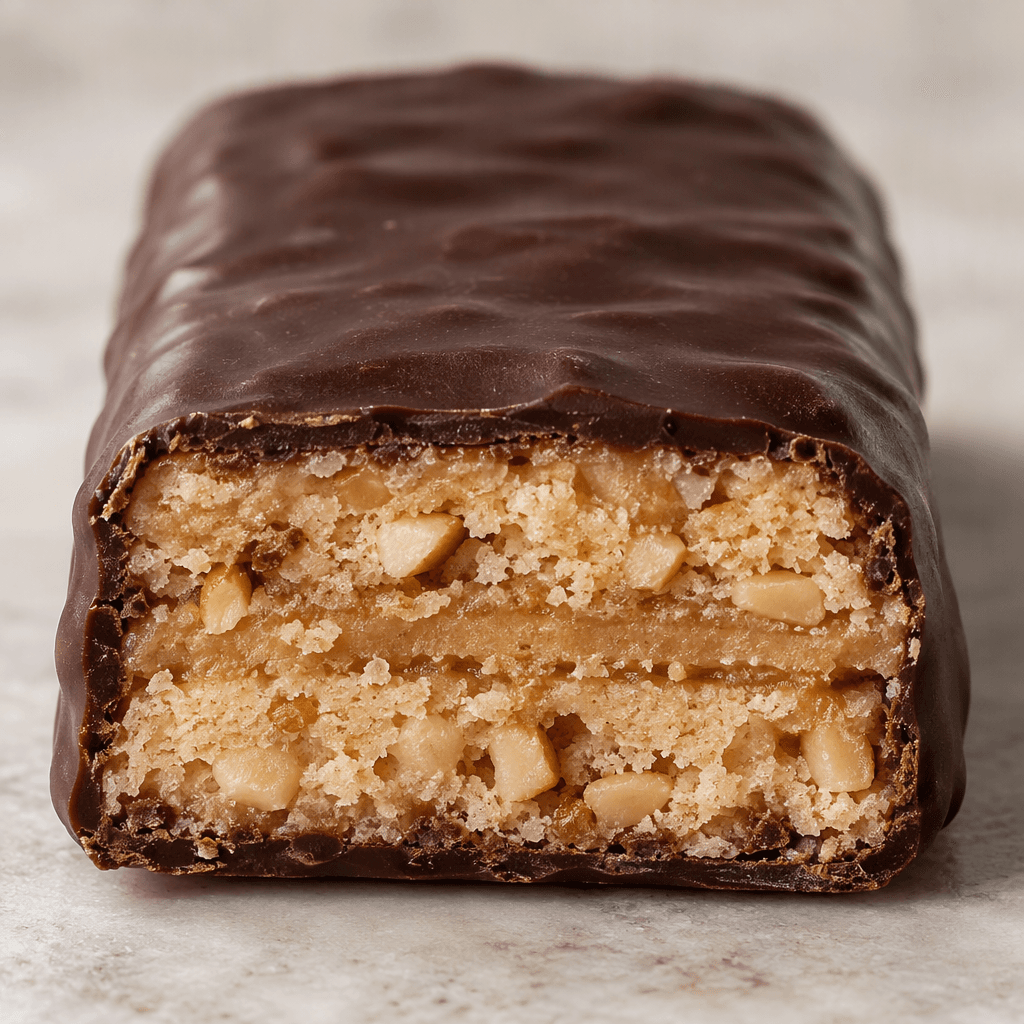 A rectangular bar with rounded edges, coated in dark brown chocolate and cut to reveal a pale tan, layered center dotted with small crunchy pieces.