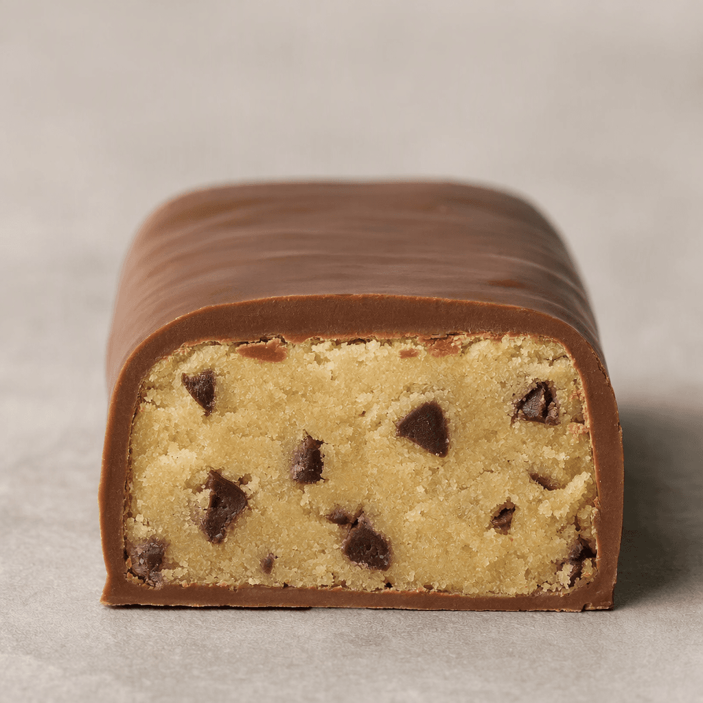 A compact, rounded rectangular bar is coated in smooth medium-brown chocolate, with a pale beige cookie-dough filling dotted with small dark chocolate pieces visible at the cut end.