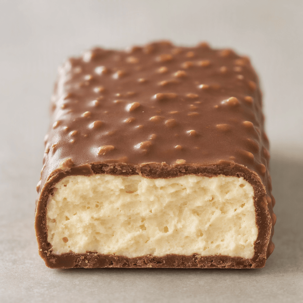 A short, rectangular bar with rounded corners is covered in milk chocolate, with tiny crisp pieces visible across its slightly textured surface and a pale, creamy filling showing at the cut end.
