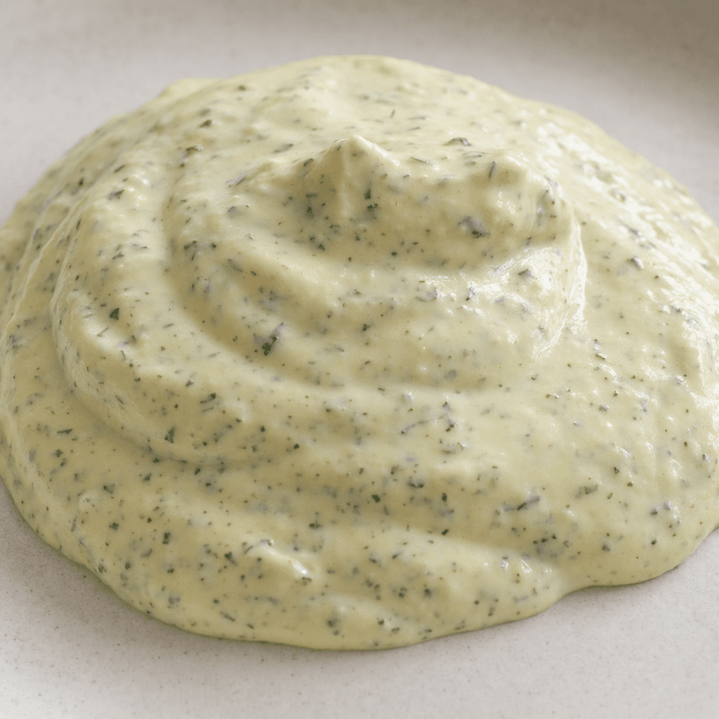 A thick, pale cream-colored sauce with fine green herb flecks, spooned into a small mound with a smooth, slightly textured surface.