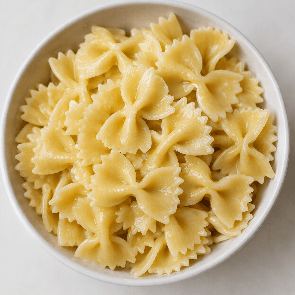 Pale golden-yellow farfalle pasta with broad, slightly ridged ends and tightly pinched centers, its cooked surface soft and faintly glossy.