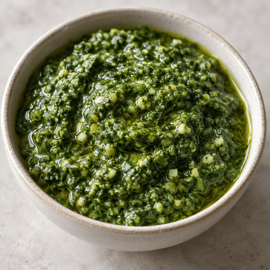 A thick, glossy green sauce with finely chopped leafy flecks and tiny pale bits, gathered in a small bowl with a slight sheen of oil.