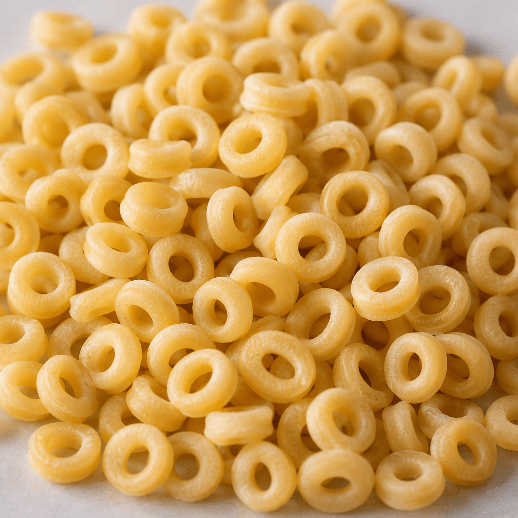 Small, pale golden-yellow egg-pasta pieces with rounded, ring-like shapes and a smooth, slightly matte surface are scattered together.