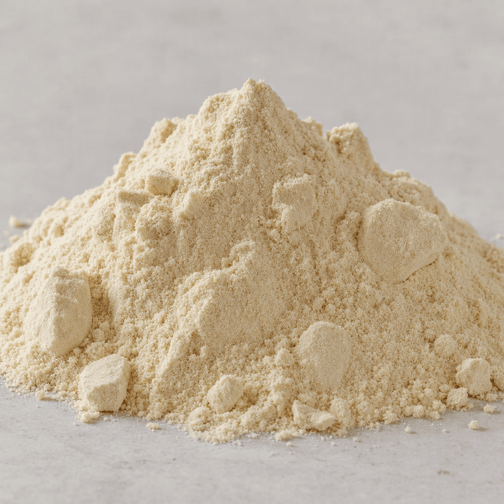 Sade bir yüzey üzerinde, birkaç küçük topak içeren ince ve açık bej renkli protein tozu küçük bir yığın hâlinde duruyor.