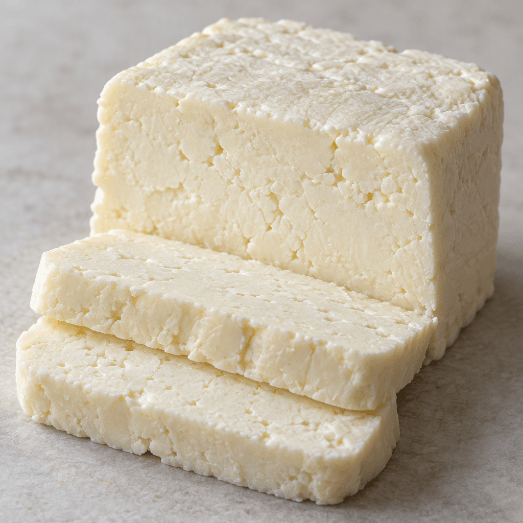 A compact, pale ivory-white block of pressed cheese with a matte, slightly uneven surface, cut into thick slices that show a dense, faintly grainy interior.