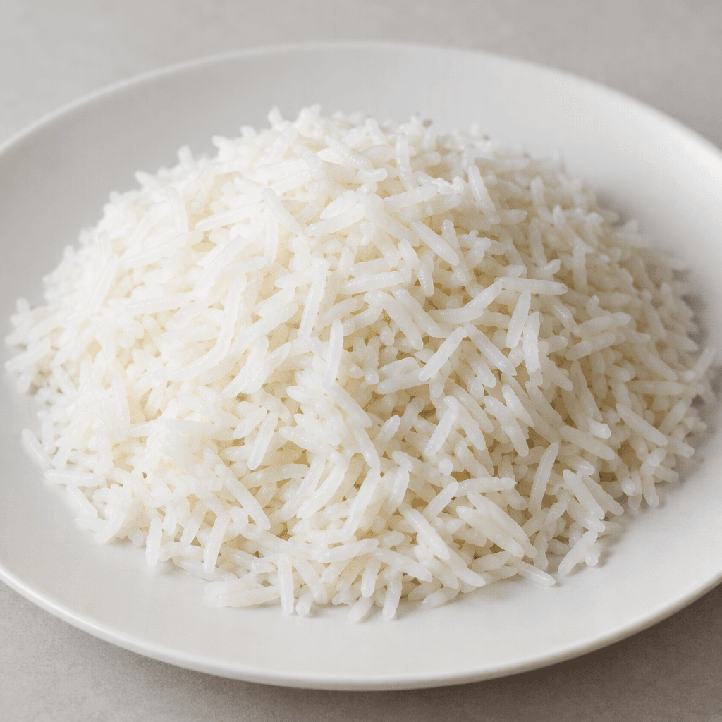 A mound of long, slender cooked rice grains, bright white with a slight translucence, fluffy and loosely separated, rests on a plain plate.