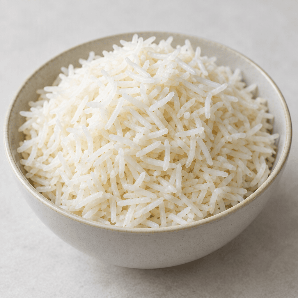 A mound of fluffy, separate long-grain basmati rice with slender ivory-white grains and a lightly textured surface, served in a simple bowl or on a plate.