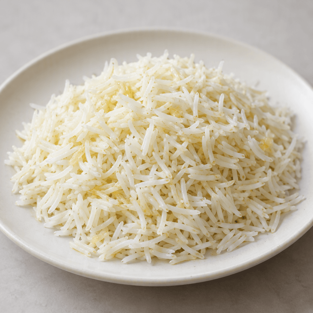 Fluffy, separate long-grain white basmati rice with a subtle olive-oil sheen, served as a loose mound on a plain plate.
