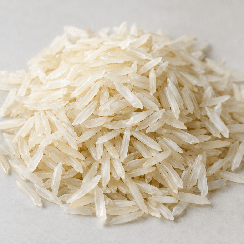 Loose, slender, elongated rice grains in a warm ivory-white colour, with slightly translucent surfaces and pointed ends, scattered in a small mound.