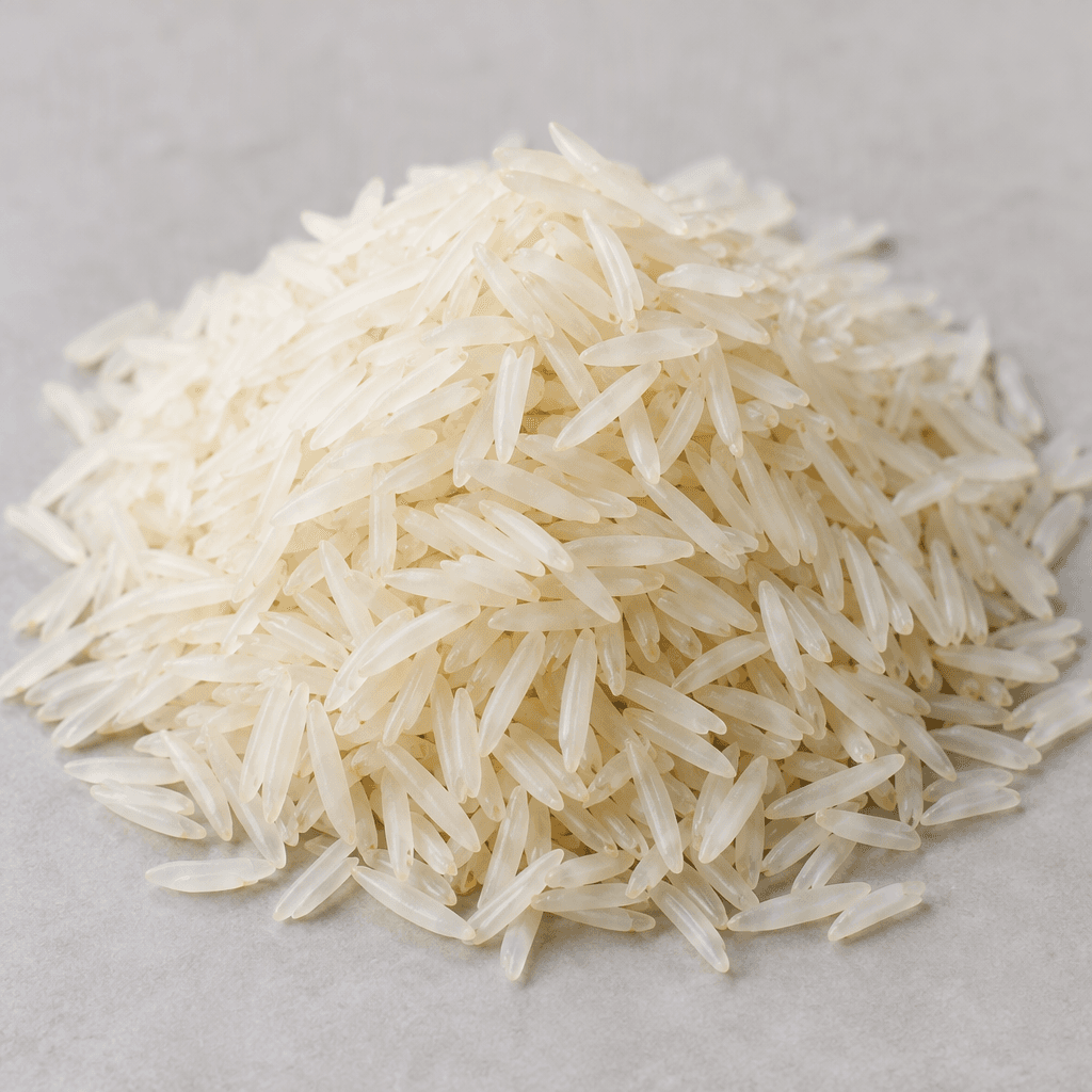 Loose, uncooked basmati rice forms a small pile of long, slender ivory-white grains with smooth, dry surfaces and a slightly translucent appearance.