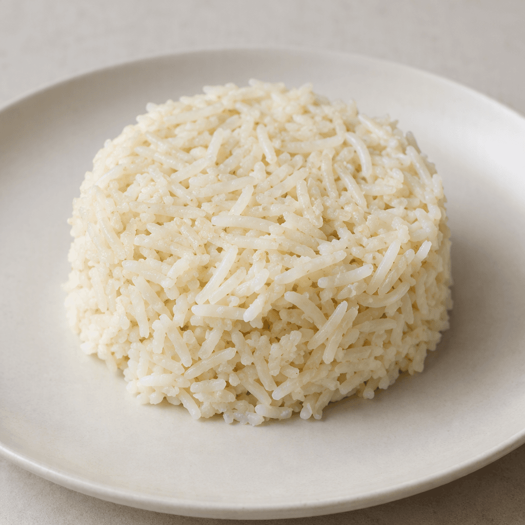 A compact, round rice cake made from visible long, slender basmati grains, pale ivory in colour with a slightly uneven, softly crumbly surface, served plain on a plate.