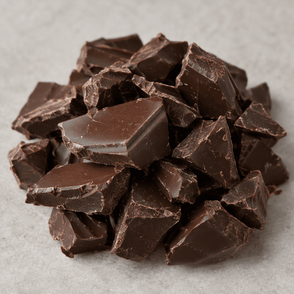 Dark brown chocolate is arranged in small, slightly irregular pieces with a smooth, faintly glossy surface.