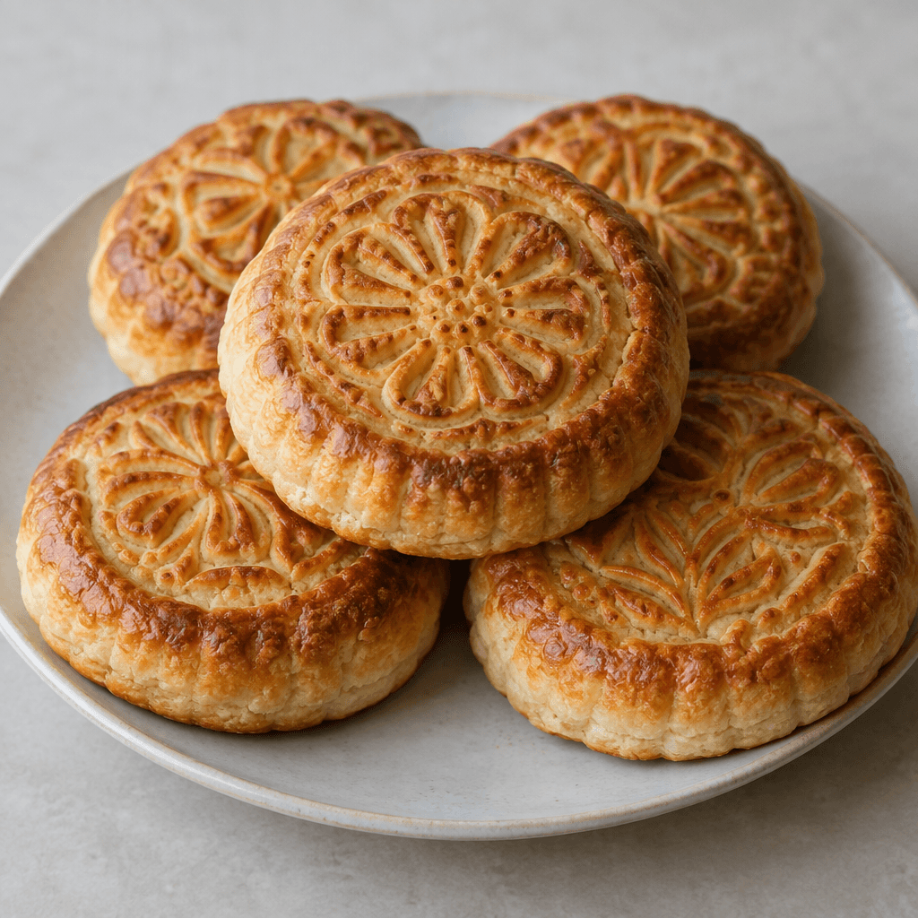 Thick, round golden-brown sweet pastries with deeply pressed decorative patterns and lightly browned edges are arranged on a plate.