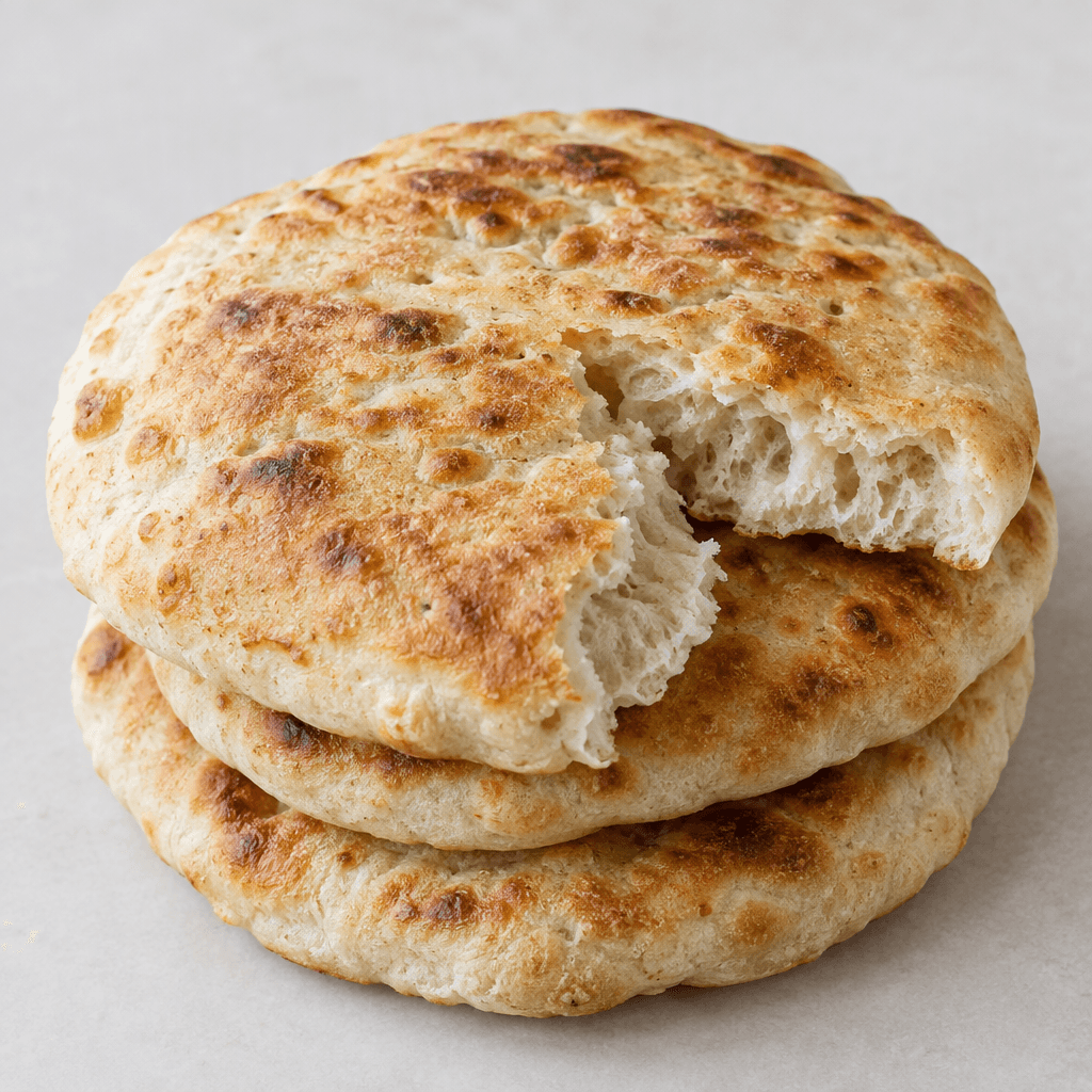 A thick, round Turkish flatbread with a pale golden-brown, lightly blistered surface, soft uneven edges, and a visible airy crumb where one piece is torn open, served in a small overlapping stack.