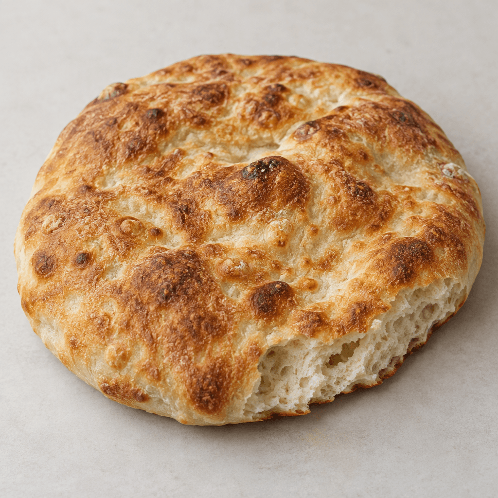 A thick, round flatbread with a golden-brown, uneven surface marked by darker toasted spots and small bubbles, shown whole with a soft, pale interior visible along a torn edge.