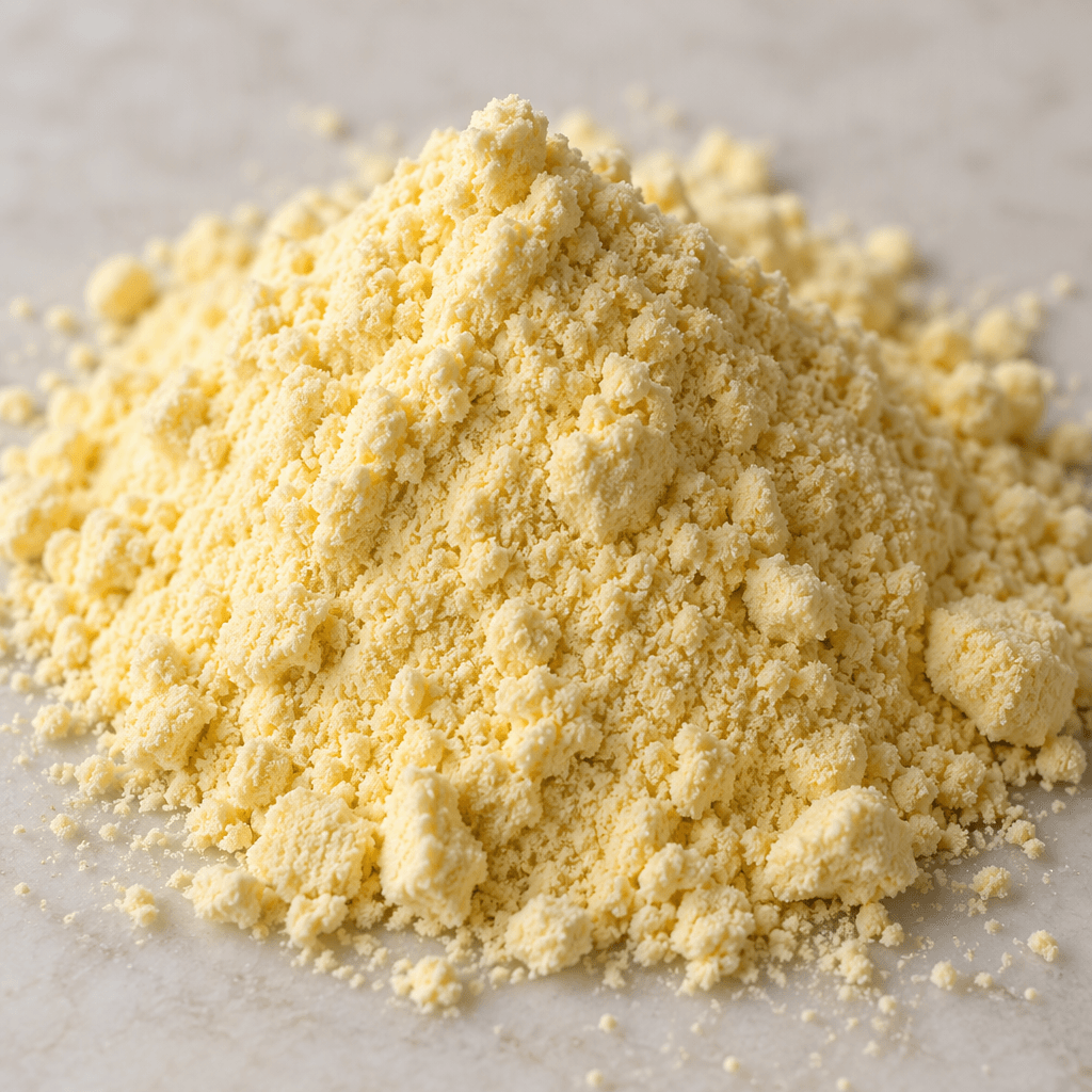 A small mound of fine, pale-yellow powder with a soft, slightly clumpy texture.